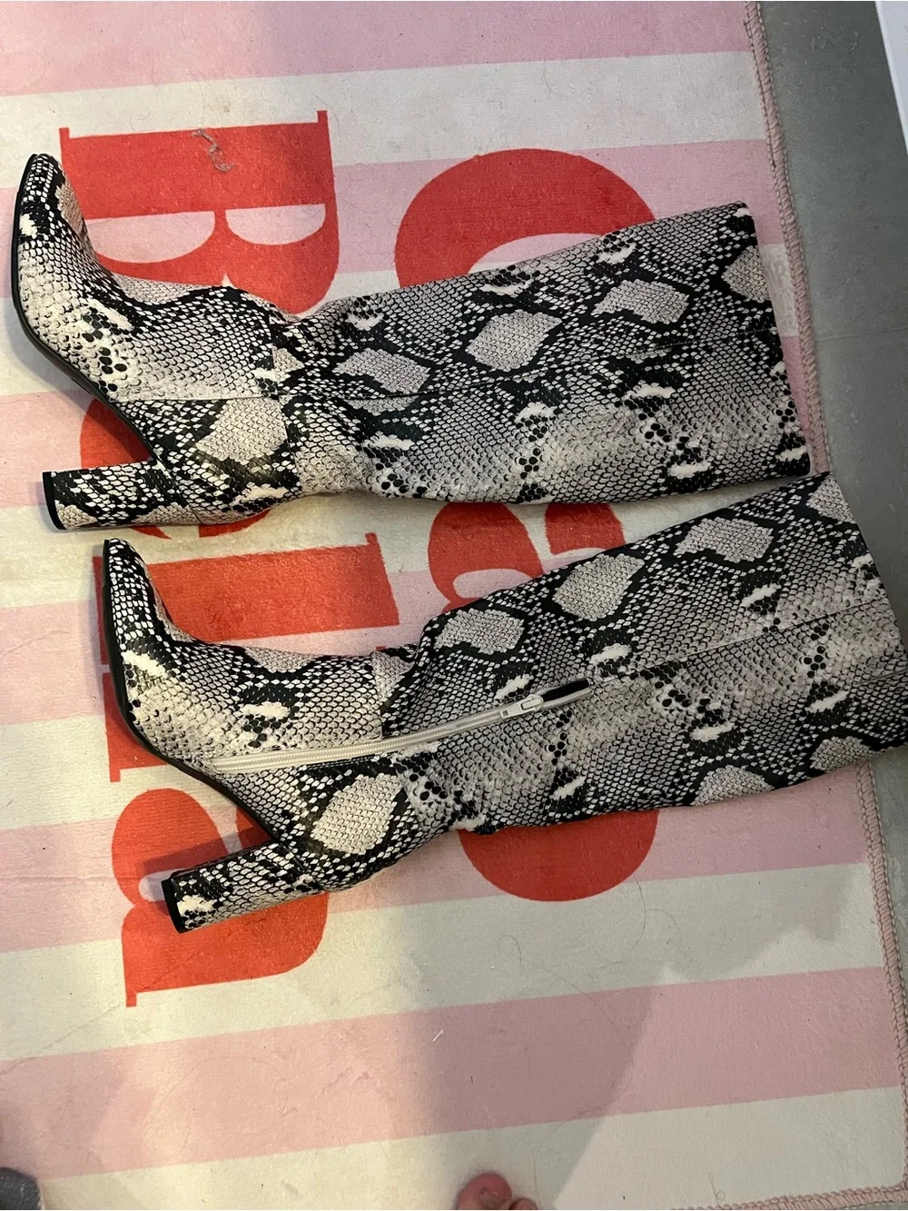 Brand New Snake Print Knee-High Block Heel Boots - Black & White